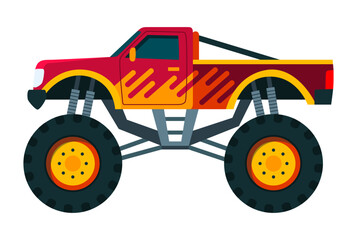 Monster truck. Bright colorful cartoon auto with big wheels. Heavy car with large tires and black tinted windows. Isolated rally 4x4 computer or mobile game