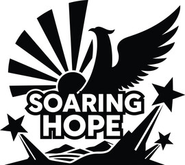 Soaring Hope Bird Sun Rays Vector Black Hand Drawn Typography Logo Emblem Badge Icon Silhouette Vintage Retro Graphic Freedom Spirit Light Achievement