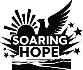 Soaring Hope Bird Sun Rays Vector Black Hand Drawn Typography Logo Emblem Badge Icon Silhouette Vintage Retro Graphic Freedom Spirit Light Success