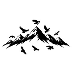 Birds Flying Over Mountain Peaks Silhouette.