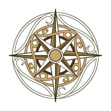 Retro nautical compass. Hand drawn wind rose. Old vector design element for marine theme and heraldry. Vintage rose of wind for sea marine navigation