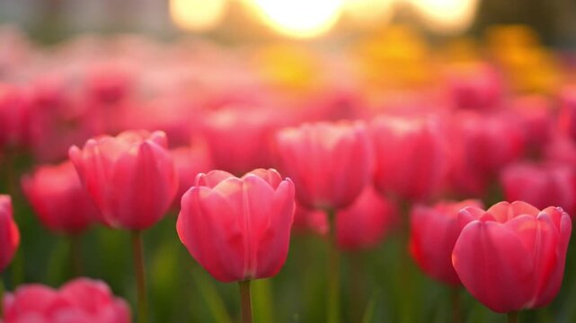 A vibrant field of pink tulips swaying gently in the breeze during a golden sunset, perfect for spring, nature, or romantic-themed videos