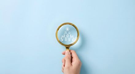 magnifying glass with people icons on blue background