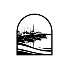 Black and white boats docked harbor.