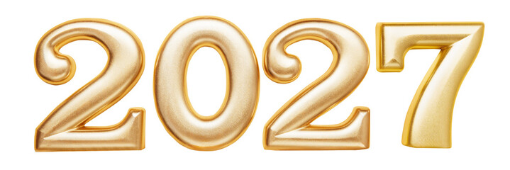 Holiday background Happy New Year 2027. Numbers of year 2027 made by gold candles isolated on transparent background with clipping path. celebrating New Year holiday, close-up. Space for text