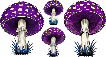Purple spotted mushrooms set illustration