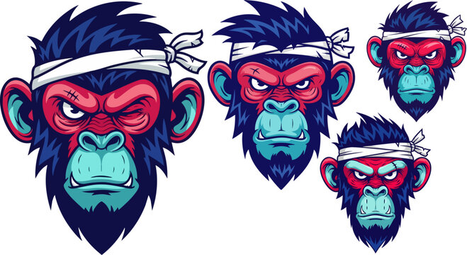 Angry monkey head band illustration set