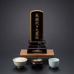 Japanese ancestral altar with memorial tablet and incense offering