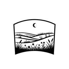 Black and white crescent moon landscape.