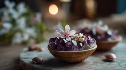 Purple crystal minerals with white flowers light pink surface gemstones for spiritual practice esoteric ritual crystal ceremony top view arrangement template design