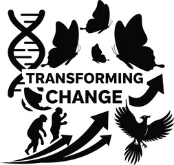 Transforming Change Butterfly DNA Spiral Vector Black Hand Drawn Typography Logo Emblem Badge Icon Silhouette Vintage Retro Graphic Growth Evolution Progress Science