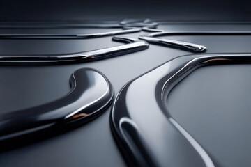 Abstract 3D financial flow diagram with liquid mercury lines on black matte surface