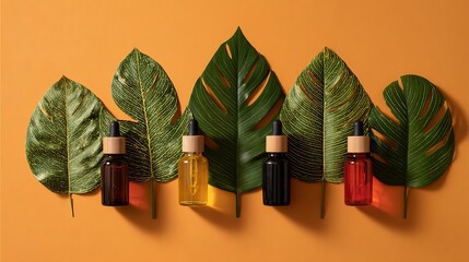 Assorted colorful glass dropper bottles surrounded by large green leaves on vibrant orange background with cosmetic product and natural ingredient