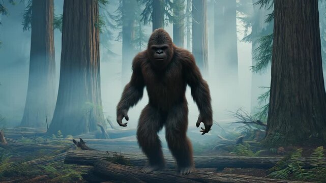 Mysterious Bigfoot Creature Walking Across Log in Dense, Misty Forest Landscape &ndash; Wildlife, Nature, and Wilderness Photography