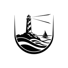 Black and white lighthouse icon graphic.