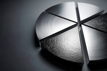Five-slice brushed aluminum pie chart on matte black surface, modern data visual