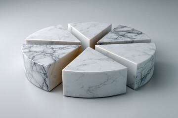 White marble 3D pie chart with five carved stone segments on smooth matte surface