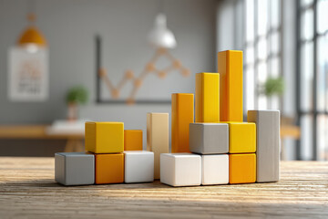 Abstract financial dashboard blocks and panels arranged on desktop, clean wall backdrop