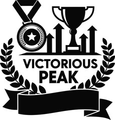 Victorious Peak Trophy Shield Mountain Vector Black Hand Drawn Typography Logo Emblem Badge Icon Silhouette Vintage Retro Graphic Success Achievement Power Top