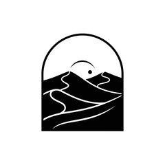 Black and white mountain landscape logo.