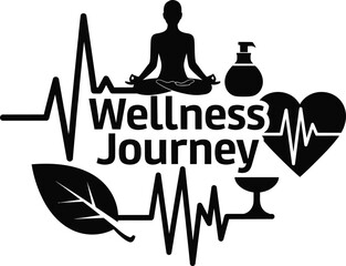 Wellness Journey Figure Lotus Pulse Vector Black Hand Drawn Typography Logo Emblem Badge Icon Silhouette Vintage Retro Graphic Health Heartbeat Medical Yoga
