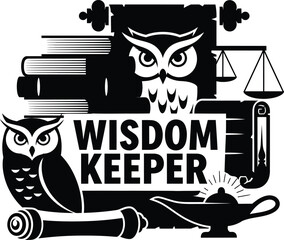 Wisdom Keeper Owl Book Laurel Wreath Vector Black Hand Drawn Typography Logo Emblem Badge Icon Silhouette Vintage Retro Graphic Knowledge Education