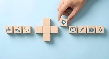 Healthcare settings and management concept with wooden blocks