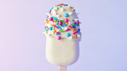 Sweet spiked white chocolate popsicle loaded with bright blue pink yellow sprinkles and white sugar decoration