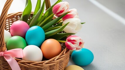 Easter basket filled with colorful eggs and pink and white tulips image photo