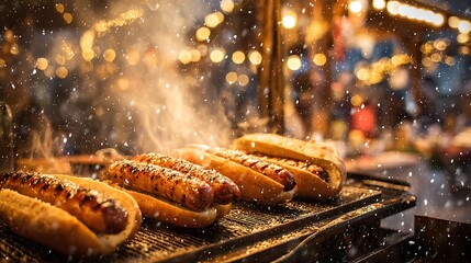 Close-up of grilled sausages in buns, steamy with snow falling, bokeh lights in background