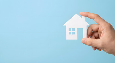 Naklejka premium hand holding white house model on blue background