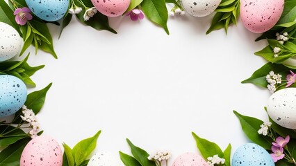 Easter egg border with green leaves and small white and pink flowers on white eggs frame