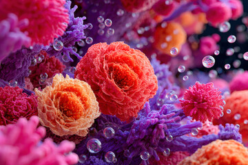 Microscopic red and purple cell structures in macro view, biomedical research abstract