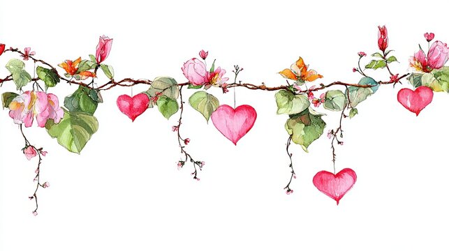 A beautiful watercolor illustration of hearts and flowers on a vine against a white background