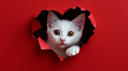 A white cat peeks through a heart-shaped hole in a red background