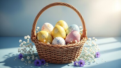 Easter Basket Overflowing with Decorated Eggs and White and Purple Flowers in Soft Light woven basket