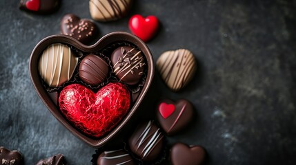 A heart-shaped box of assorted chocolates on a dark surface for Valentine's Day