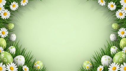 Easter Egg and Daisy Border with Green Grass on a Pale Green Background flower