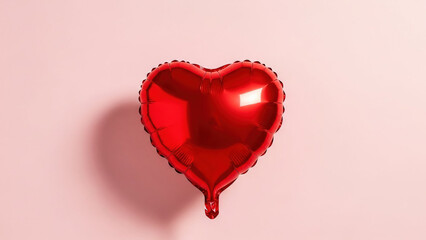 Red heart shaped foil balloon floating against soft pink background perfect for valentines day celebration or romantic surprise gift decoration with copy space for text and greeting message idea