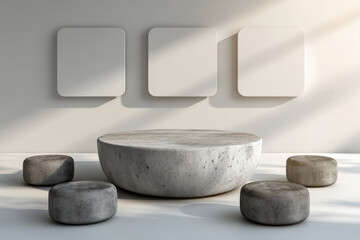 Minimalist round stone table with four blank nameplates in abstract strategy workshop setting