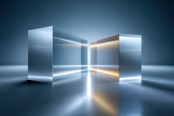 Abstract floating matte screens connected by translucent beam symbolizing remote collaboration concept