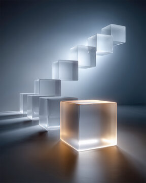 Abstract translucent project timeline with milestone blocks in perspective and highlighted step