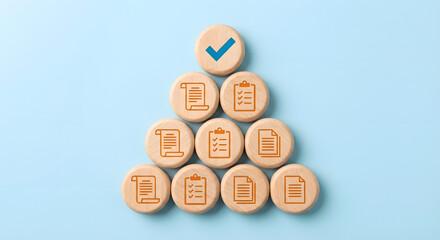 wooden tokens with checklist icons on blue background