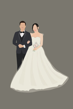 Wedding couple, Bride in wedding dress, just married couple and marriage ceremony vector illustration. Bride and groom Faceless portrait