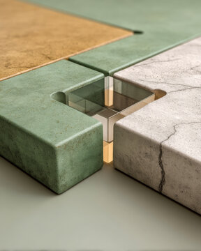 Green and yellow matte tiles bridged by clear glass plug, system integration concept copy space