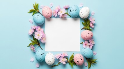 Square frame of pastel speckled Easter eggs and pink cherry blossoms on a light blue background