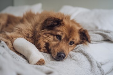 Injured dog resting on soft blanket with bandaged paw indoors  