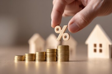 Hand placing percentage symbol on stack of coins with wooden houses  