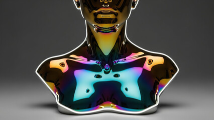 Close up view of futuristic dark metallic mannequin bust with vibrant iridescent rainbow light reflections and glowing white outline on gray studio background showcasing digital art