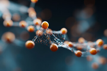 A close up of a bunch of small orange balls connected by a web of strings